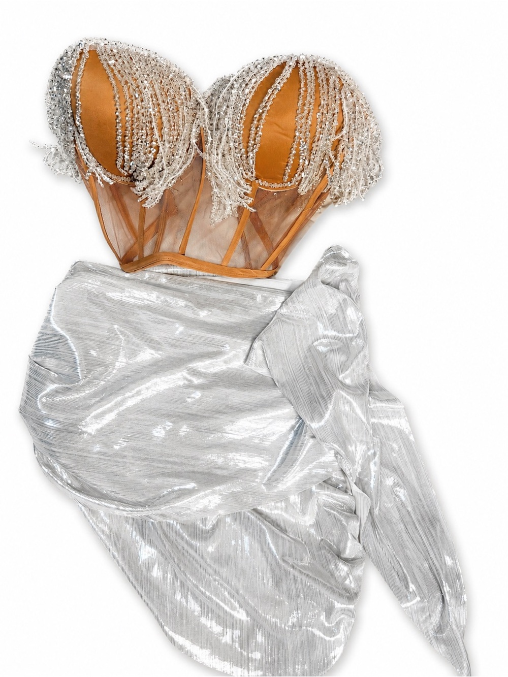 Beaded Fringe Bustier with Silver Wrap Skirt - Silver & Tan